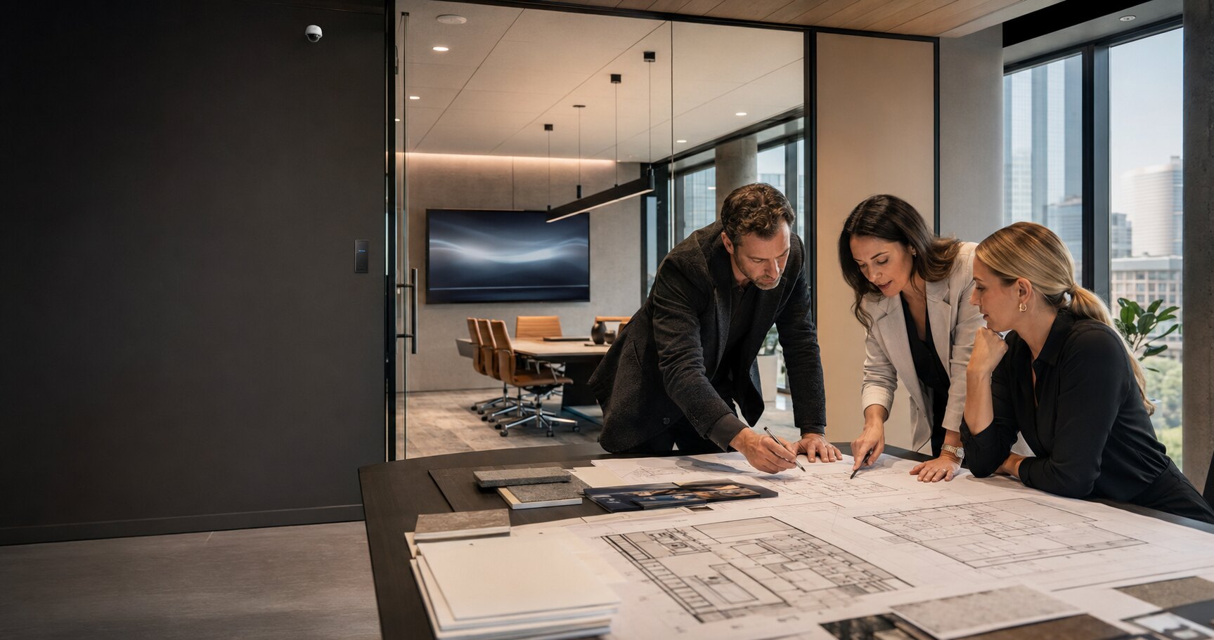 Architect, interior designer, and low-voltage consultant coordinating commercial plans